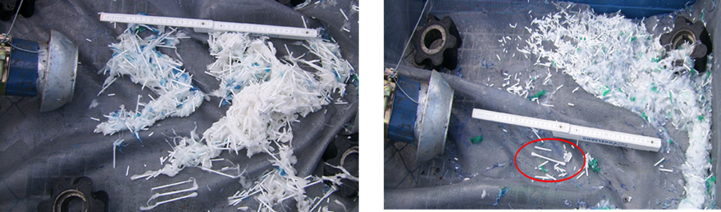Left: A twin-shaft grinder shredded the rope, but left some longer strands. Right: The RotaCut macerator completely broke the rope down into small sections.
